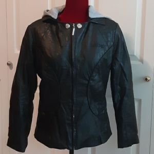 XOXO Black Faux Leather Jacket w/ Hood - L